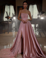 Get Ready to Shine: Modern Pink Sequins Prom Dress with Long Slit and Sleevless Design.-Dbrbridal