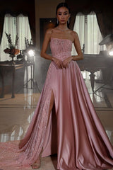 Get Ready to Shine: Modern Pink Sequins Prom Dress with Long Slit and Sleevless Design.-Dbrbridal