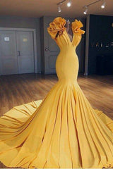 Ginger Yellow Fit and Flare Prom Dresses Ruffles Court Train Evening Gowns-Dbrbridal