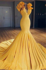 Ginger Yellow Fit and Flare Prom Dresses Ruffles Court Train Evening Gowns-Dbrbridal
