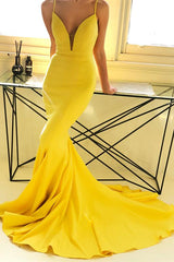 Ginger Yellow Sexy Deep V-Neck Formal Dresses with Chapel Train Chic Simple Body-fitting Evening Party Gowns for Sale-Dbrbridal