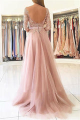 Glamorous Applique Long Sleeves Prom Dresses Open Back Jewel Split Evening Dresses with Belt-Dbrbridal