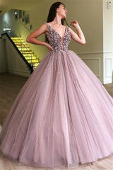 Glamorous Ball Gown Tulle Beading Straps Sleeveless Formal Dresses-Dbrbridal