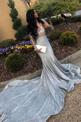 Glamorous Beading Appliques Court Train Long Sleeves Mermaid Prom Dresses-Dbrbridal