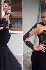 Glamorous Black Lace Formal DressesLong Sleevess Mermaid Long Party Dress-Dbrbridal