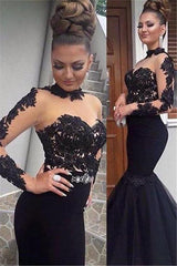 Glamorous Black Lace Formal DressesLong Sleevess Mermaid Long Party Dress-Dbrbridal
