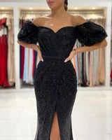 Glamorous Black Mermaid Sequins Prom Dress Long Split Off-the-Shoulder-Dbrbridal