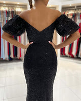 Glamorous Black Mermaid Sequins Prom Dress Long Split Off-the-Shoulder-Dbrbridal