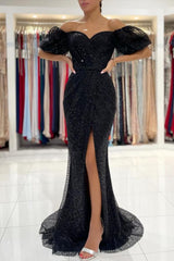 Glamorous Black Mermaid Sequins Prom Dress Long Split Off-the-Shoulder-Dbrbridal