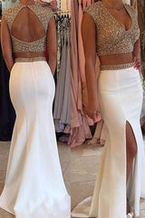 Glamorous Designer Two Piecess Prom Dresses Beadings Cap Sleeve Long Party Gowns-Dbrbridal