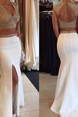 Glamorous Designer Two Piecess Prom Dresses Beadings Cap Sleeve Long Party Gowns-Dbrbridal