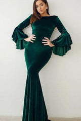 Glamorous Green Mermaid Velvet Prom Dresses Online Flare Sleeve Vintage Evening Dresses-Dbrbridal