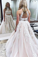 Glamorous Halter Designer Two Pieces Applique Prom Dresses Chic Lace Up Crystal Evening Dresses with Beads-Dbrbridal