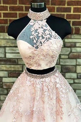 Glamorous Halter Designer Two Pieces Applique Prom Dresses Chic Lace Up Crystal Evening Dresses with Beads-Dbrbridal