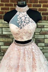 Glamorous Halter Designer Two Pieces Applique Prom Dresses Chic Lace Up Crystal Evening Dresses with Beads-Dbrbridal