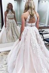 Glamorous Halter Designer Two Pieces Applique Prom Dresses Chic Lace Up Crystal Evening Dresses with Beads-Dbrbridal