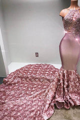 Glamorous Halter Mermaid Pink Formal DressesLace With 3D-Floral Flowers Bottom-Dbrbridal