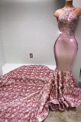 Glamorous Halter Mermaid Pink Formal DressesLace With 3D-Floral Flowers Bottom-Dbrbridal