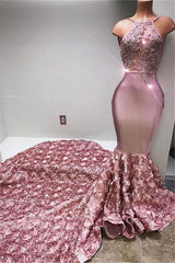 Glamorous Halter Mermaid Pink Formal DressesLace With 3D-Floral Flowers Bottom-Dbrbridal