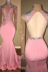 Glamorous High-Neck Backless Pink Formal DressesMermaid With Lace Appliques-Dbrbridal