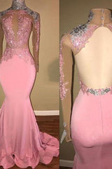 Glamorous High-Neck Backless Pink Formal DressesMermaid With Lace Appliques-Dbrbridal