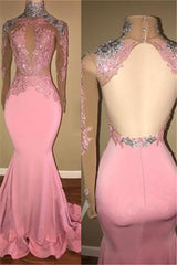 Glamorous High-Neck Backless Pink Formal DressesMermaid With Lace Appliques-Dbrbridal