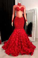 Glamorous High Neck Long Sleeves Prom Dress Mermaid Flowers Bottom With Beads-Dbrbridal