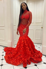 Glamorous High Neck Long Sleeves Prom Dress Mermaid Flowers Bottom With Beads-Dbrbridal