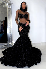 Glamorous High Neck Long Sleeves Prom Dress Mermaid Flowers Bottom With Beads-Dbrbridal