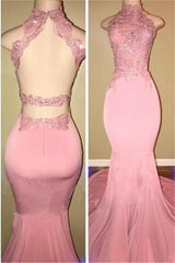 Glamorous High-Neck Pink Lace Formal DressesMermaid Long-Dbrbridal