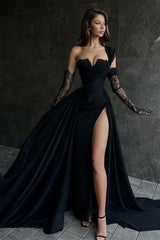 Glamorous Long Black One Shoulder Sleeveless Lace Evening Party Gowns With Sit-Dbrbridal