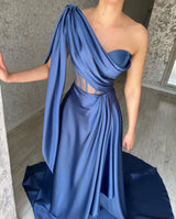 Glamorous Long Blue One Shoulder Sleeveless Evening Party Gowns-Dbrbridal