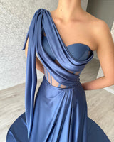 Glamorous Long Blue One Shoulder Sleeveless Evening Party Gowns-Dbrbridal