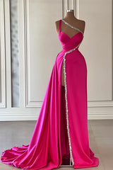 Glamorous Long Fuchsia One Shoulder Jewels Sleeveless Evening Party Gowns Long Slit Online-Dbrbridal