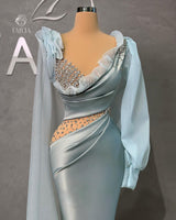 Glamorous Long Mermaid V-neck Long Sleeves Prom Dress With Ruffles And Stones-Dbrbridal