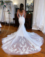 Glamorous Long Mermaid V-neck Sleeveless Lace Bridal Gown-Dbrbridal