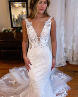 Glamorous Long Mermaid V-neck Sleeveless Lace Bridal Gown-Dbrbridal