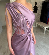 Glamorous Long Purple One Shoulder Beading Sleeveless Evening Party Gowns Long Slit Online-Dbrbridal