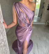 Glamorous Long Purple One Shoulder Beading Sleeveless Evening Party Gowns Long Slit Online-Dbrbridal