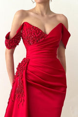 Glamorous Long Red Mermaid Off-the-Shoulder Lace Evening Party Gowns-Dbrbridal