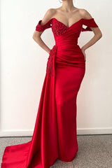 Glamorous Long Red Mermaid Off-the-Shoulder Lace Evening Party Gowns-Dbrbridal