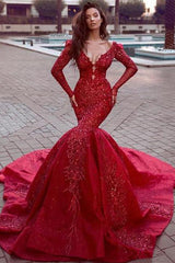 Glamorous Long Sleeves Mermaid Evening Dresses with Train Backless Lace Crystal Prom Dresses-Dbrbridal
