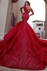 Glamorous Long Sleeves Mermaid Evening Dresses with Train Backless Lace Crystal Prom Dresses-Dbrbridal