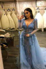Glamorous Long Sleeves V-Neck Lace Beadings Mermaid Prom Dresses with Over Skirt-Dbrbridal