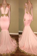 Glamorous Long Sleevess V-Neck Formal DressesMermaid With Gold Crystal-Dbrbridal