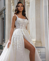 Glamorous Long White Straps Sleeveless Lace Bridal Gown Long Slit Online-Dbrbridal