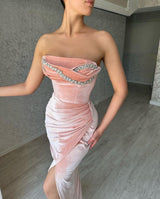 Glamorous Mermaid Charming Sleeveless Crystal Evening Party Gowns Long Slit Online-Dbrbridal