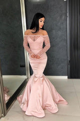 Glamorous Mermaid Off-the-Shoulder Prom Gowns Long Sleevess Lace Evening Dresses-Dbrbridal