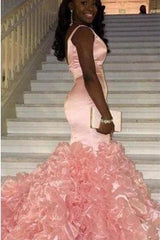 Glamorous Mermaid Ruffles Sleeveless Pink V-Neck Formal Dresses-Dbrbridal