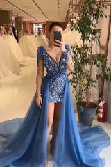 Glamorous Mini V-Neck Long Sleeveless Sheath Sequins Evening Party Gowns-Dbrbridal